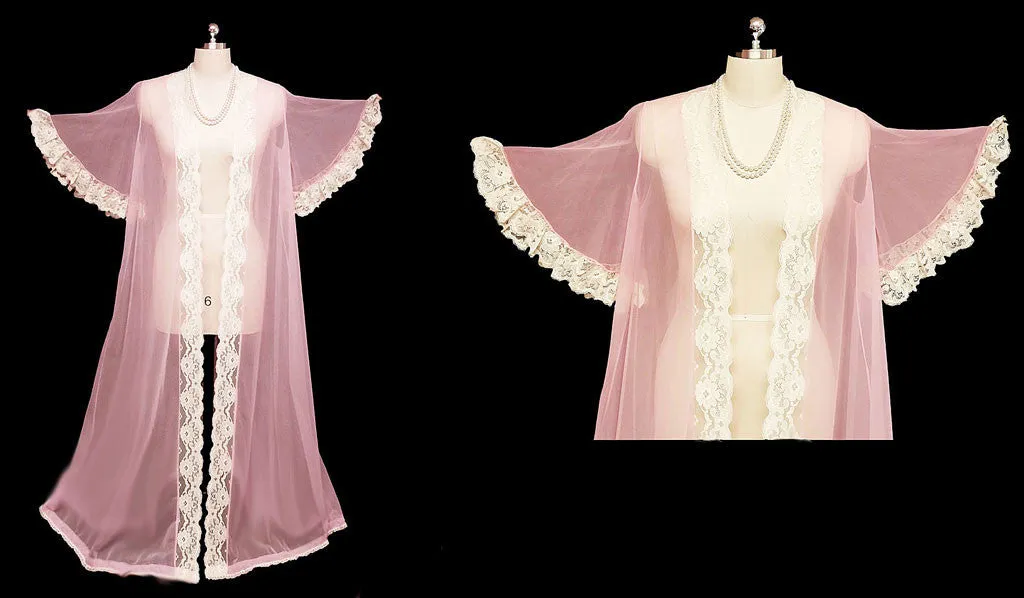 *VINTAGE JENELLE OF CALIFORNIA SHEER NYLON TRICOT PEIGNOIR WITH LACE TRIMMED FULL CIRCLE SLEEVES IN PINK ANGEL