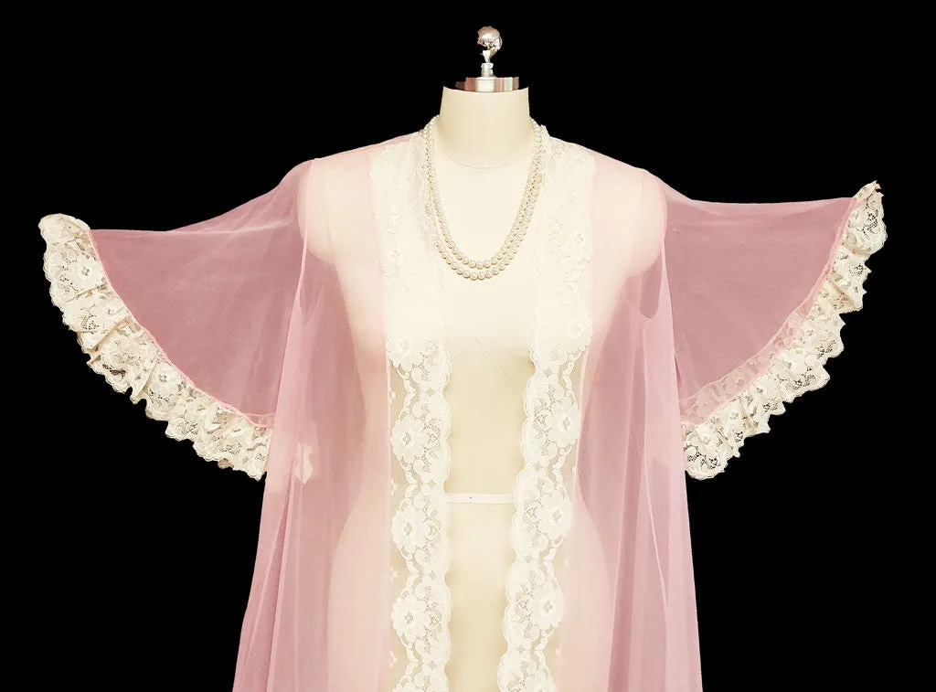 *VINTAGE JENELLE OF CALIFORNIA SHEER NYLON TRICOT PEIGNOIR WITH LACE TRIMMED FULL CIRCLE SLEEVES IN PINK ANGEL