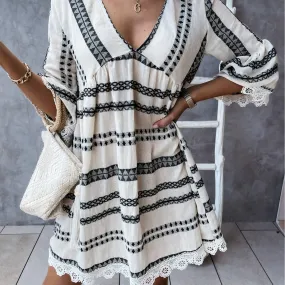 Women Clothing Summer Dress New Lace Cuff Printed Dress Short Dress