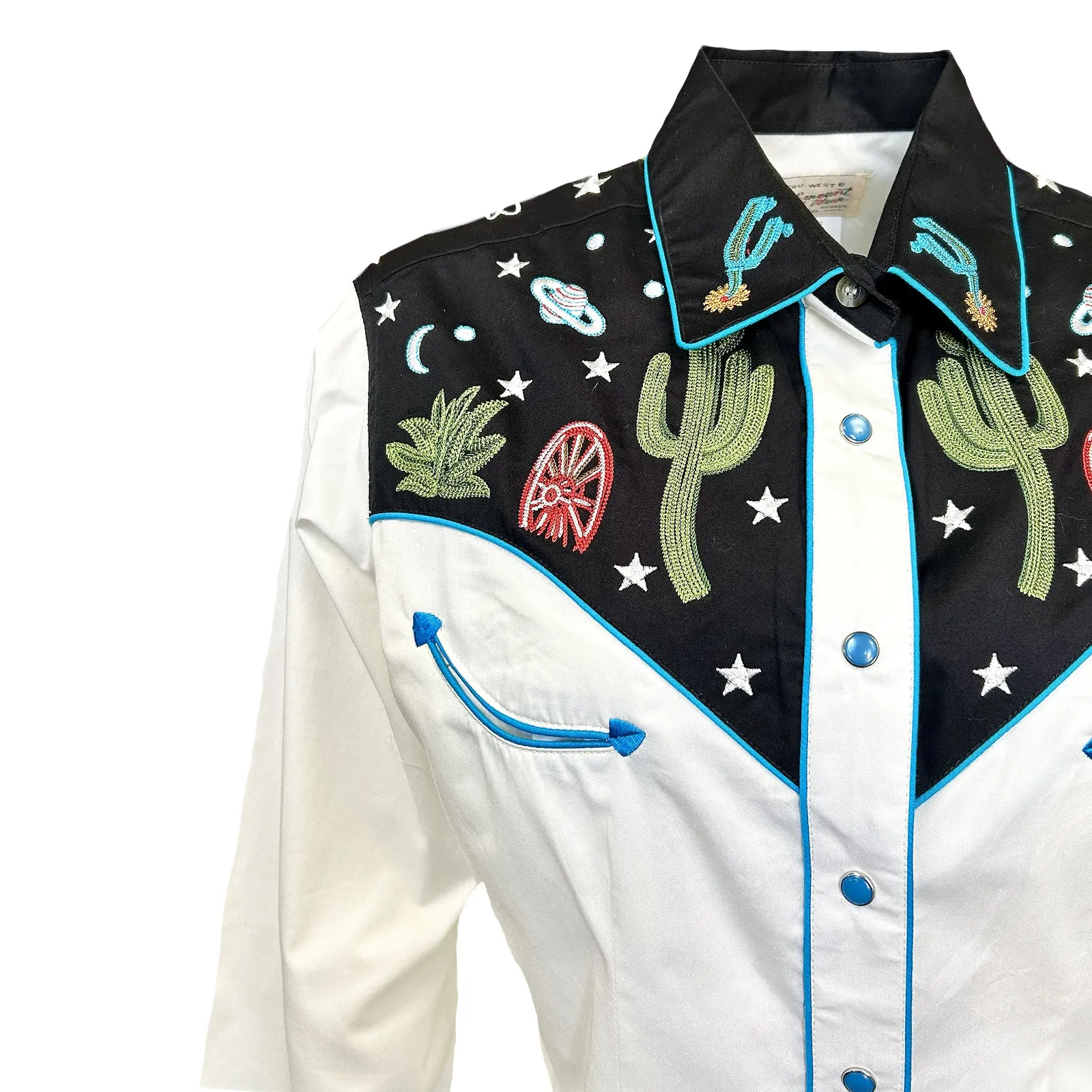 Women's Black Vintage Cactus & Stars Chain Stitch Embroidery Western Shirt