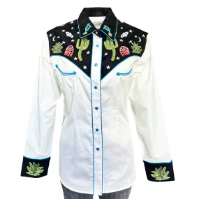 Women's Black Vintage Cactus & Stars Chain Stitch Embroidery Western Shirt